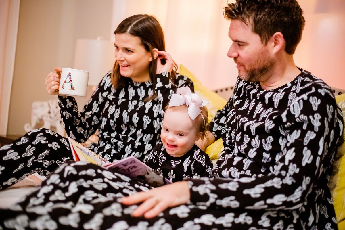 Women's organic cotton pajama set in white-on-black cactus print
