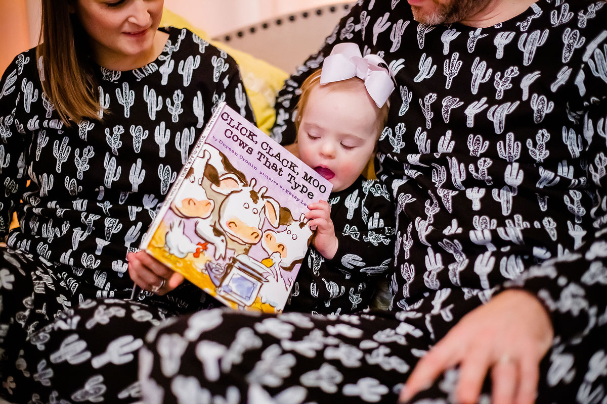 Women's organic cotton pajama set in white-on-black cactus print