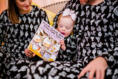 Women's organic cotton pajama set in white-on-black cactus print