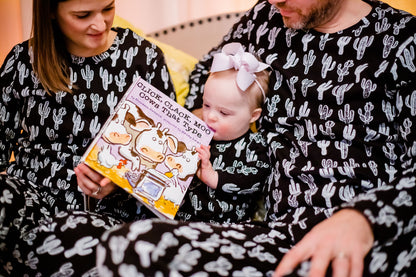 Women's organic cotton pajama set in white-on-black cactus print