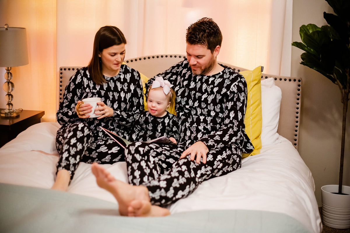 Women's organic cotton pajama set in white-on-black cactus print