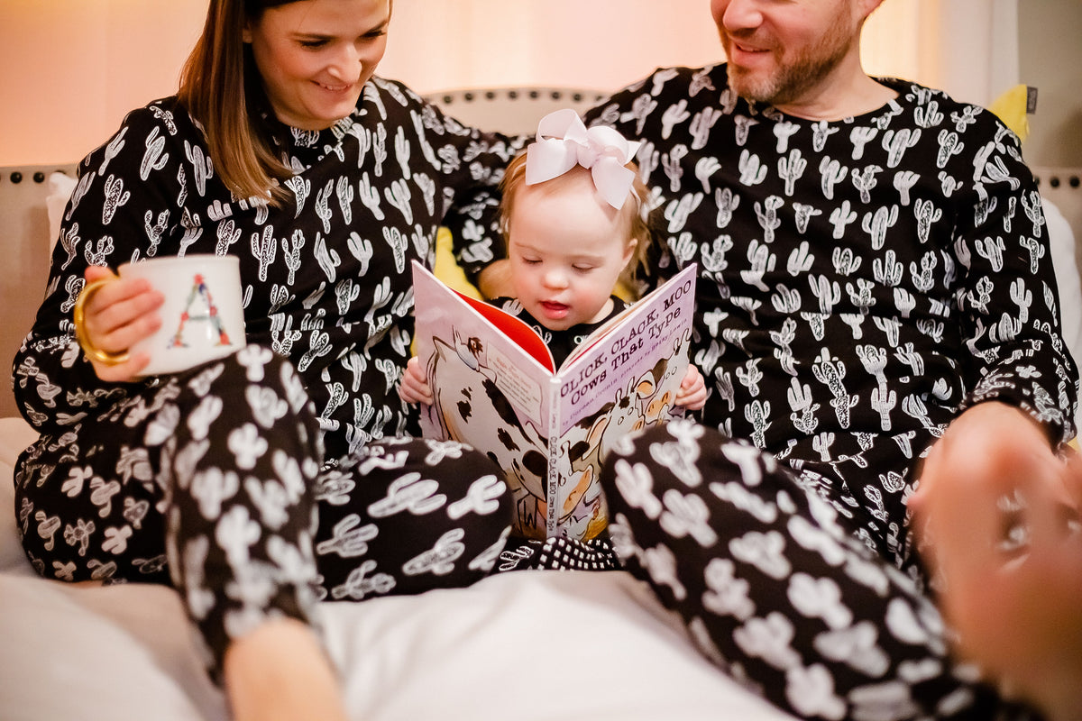 Women's organic cotton pajama set in white-on-black cactus print