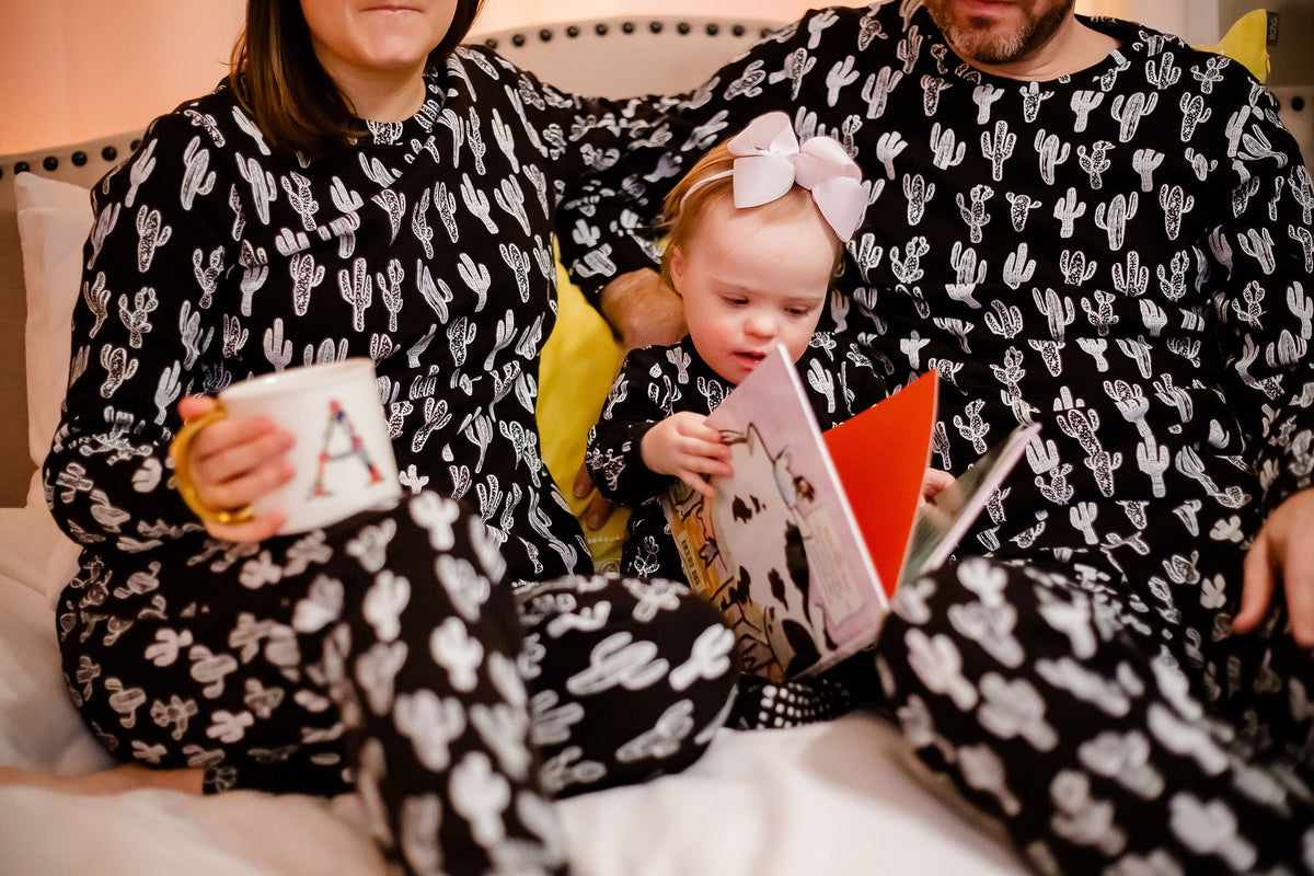 Women's organic cotton pajama set in white-on-black cactus print