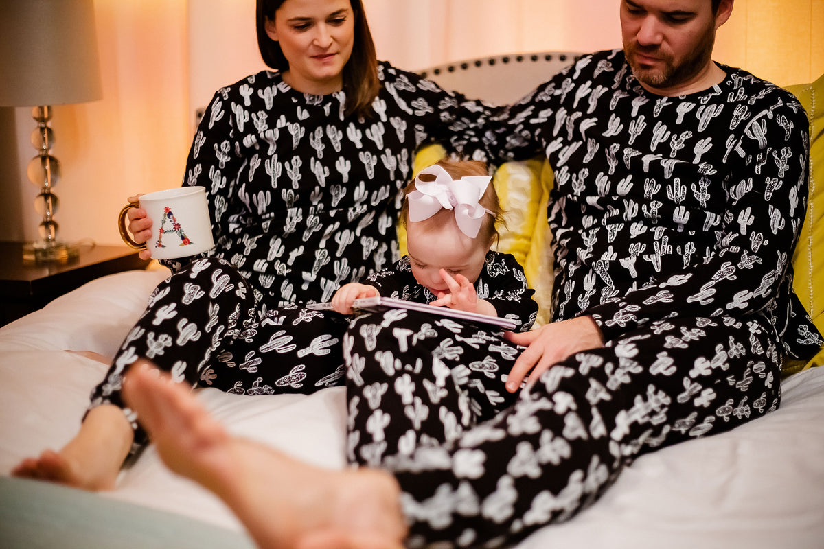 Women's organic cotton pajama set in white-on-black cactus print