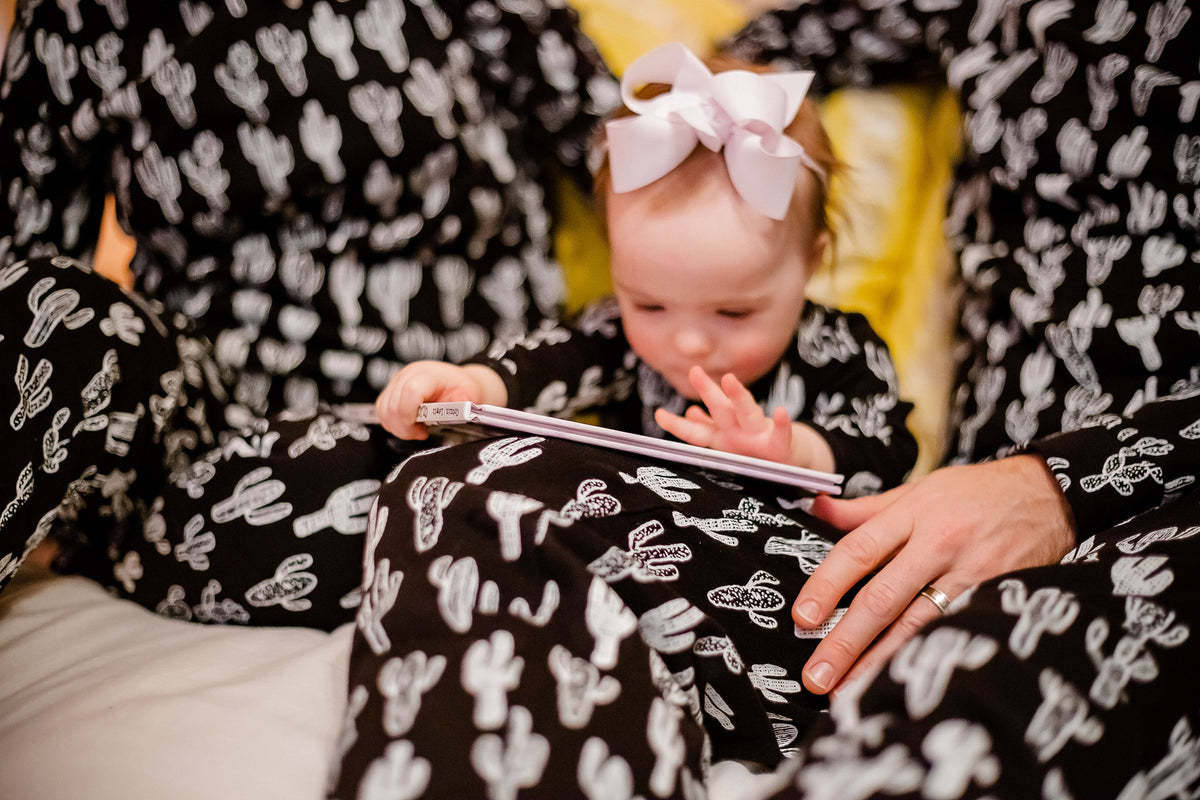 Women's organic cotton pajama set in white-on-black cactus print