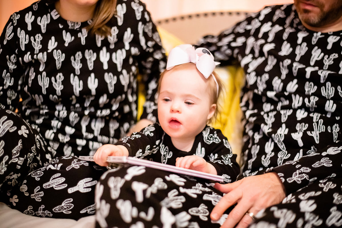 Women's organic cotton pajama set in white-on-black cactus print