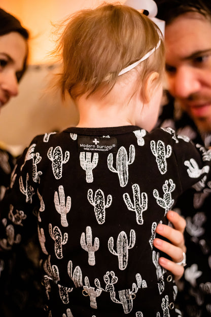 Women's organic cotton pajama set in white-on-black cactus print