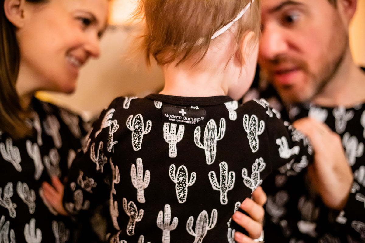 Women's organic cotton pajama set in white-on-black cactus print