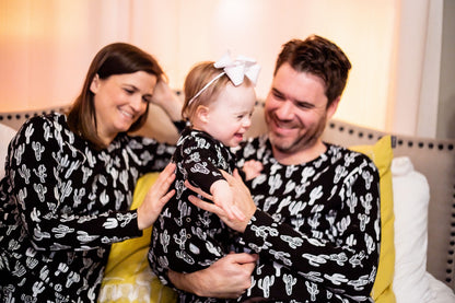 Women's organic cotton pajama set in white-on-black cactus print