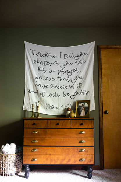 Mark 11:24 organic cotton muslin swaddle lifestyle image