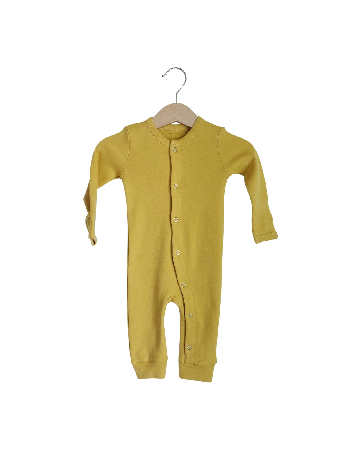 Mustard Organic Baby Button Coverall — product photograph.