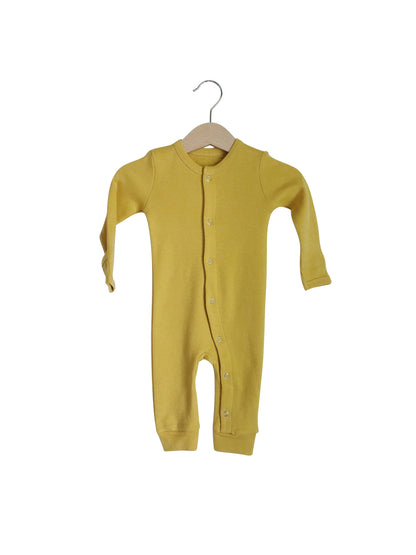 Mustard Organic Baby Button Coverall — product photograph.