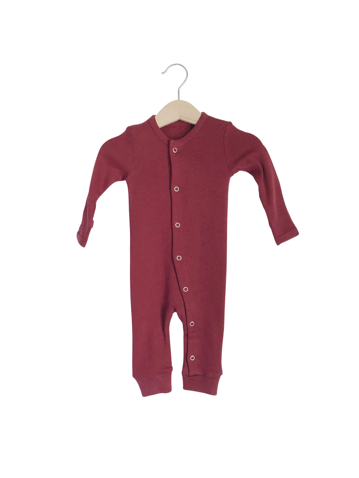 Maroon Organic Baby Button Coverall — product photograph.