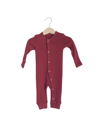 Maroon Organic Baby Button Coverall — product photograph.