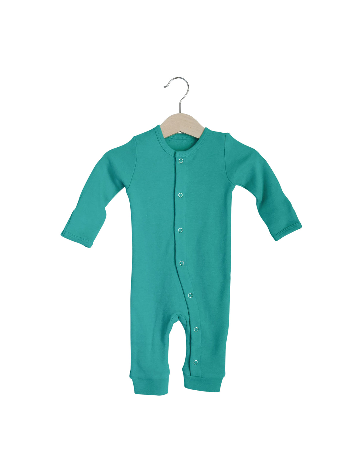 Arcadia Organic Baby Button Coverall — product photograph.