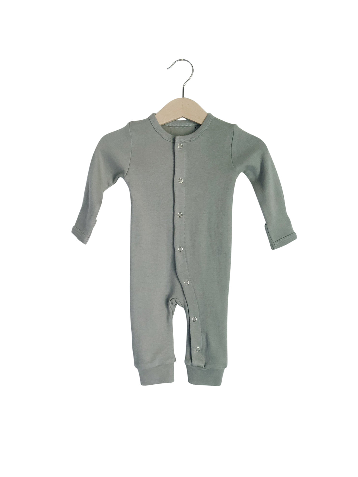 Neutral Gray Organic Baby Button Coverall — product photograph.