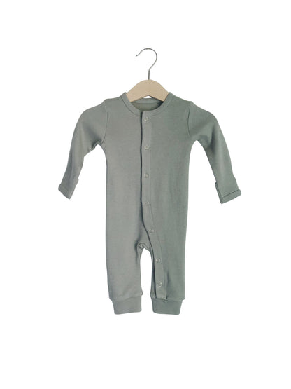 Neutral Gray Organic Baby Button Coverall — product photograph.