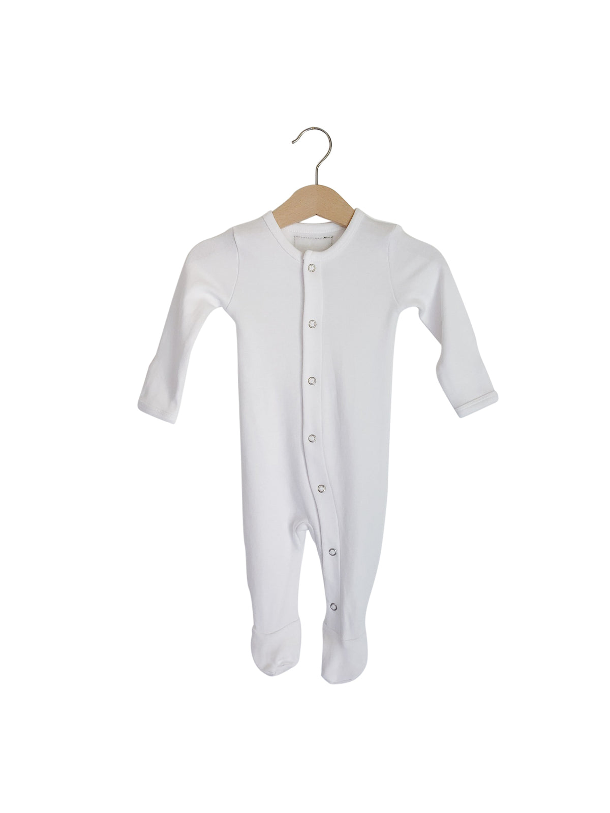 White Organic Baby Button Footie — product photograph.
