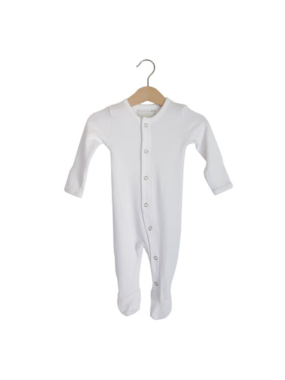 White Organic Baby Button Footie — product photograph.