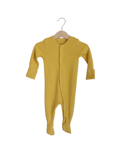 Mustard Organic Baby Button Footie — product photograph.