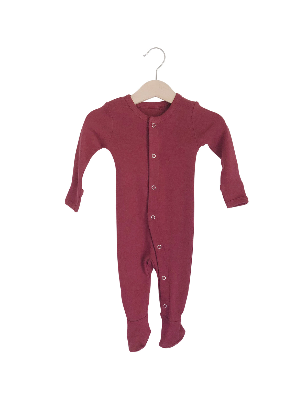 Maroon Organic Baby Button Footie — product photograph.