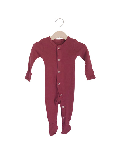 Maroon Organic Baby Button Footie — product photograph.