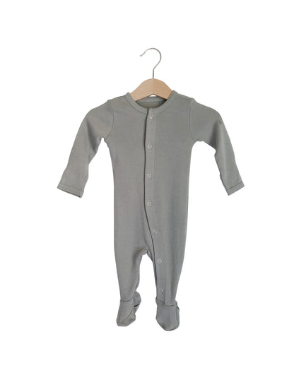 Neutral Gray Organic Baby Button Footie — product photograph.