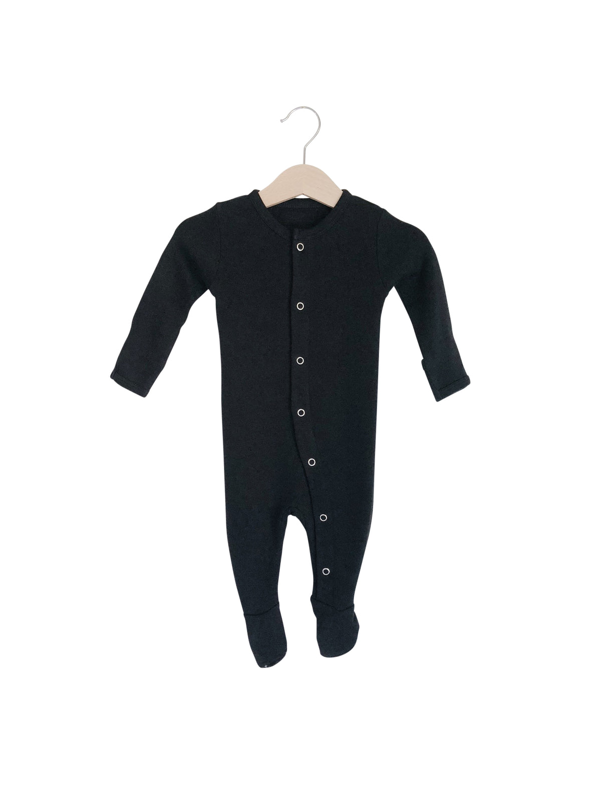 Black Organic Baby Button Footie — product photograph.