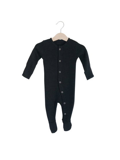 Black Organic Baby Button Footie — product photograph.