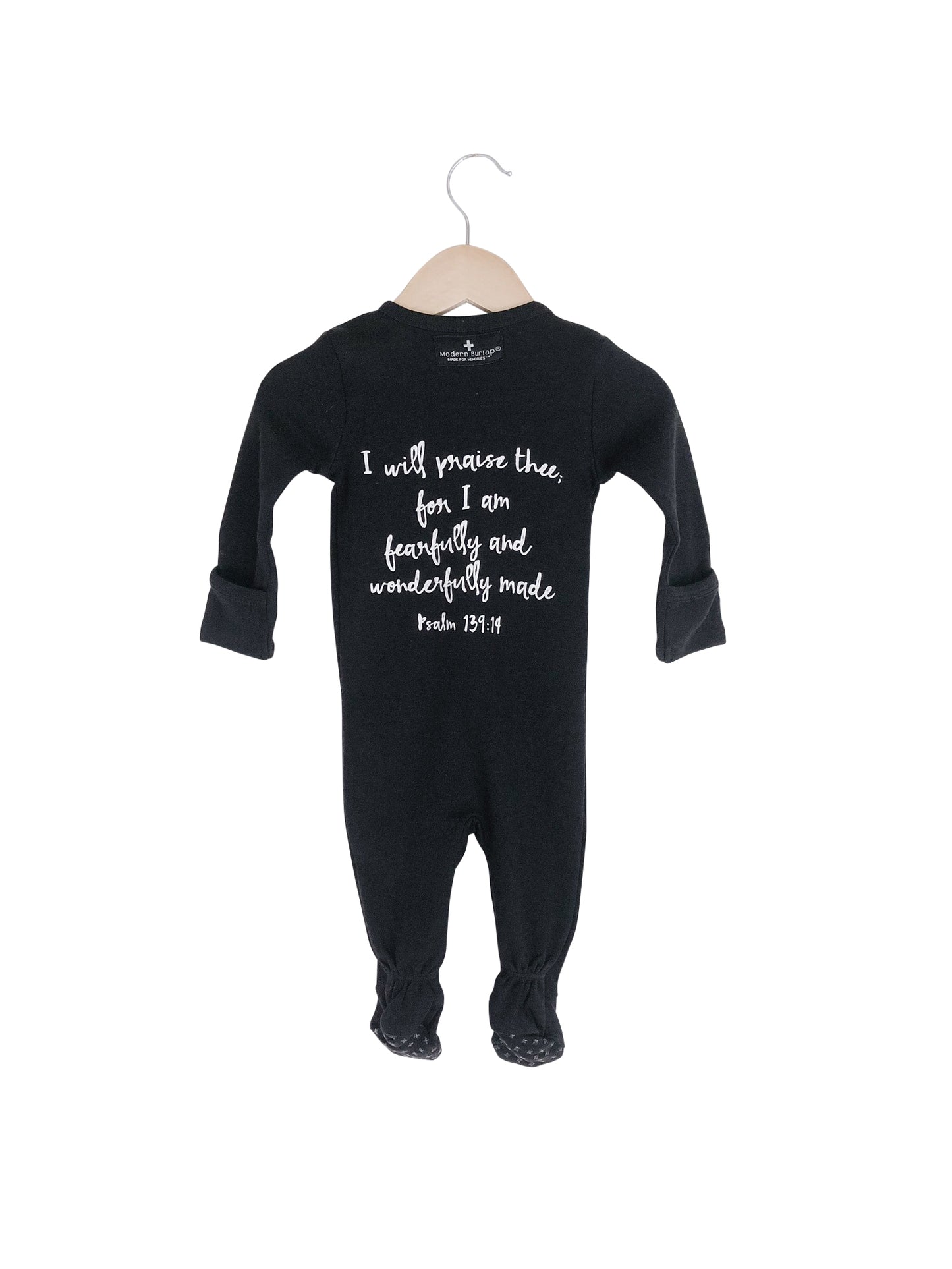 Psalm 139:14 GOTS certified organic cotton zip footie by Modern Burlap