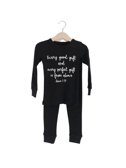 Organic Baby + Kids Pajama Set | James 1:17 — Black pajama top and matching pants on hangers