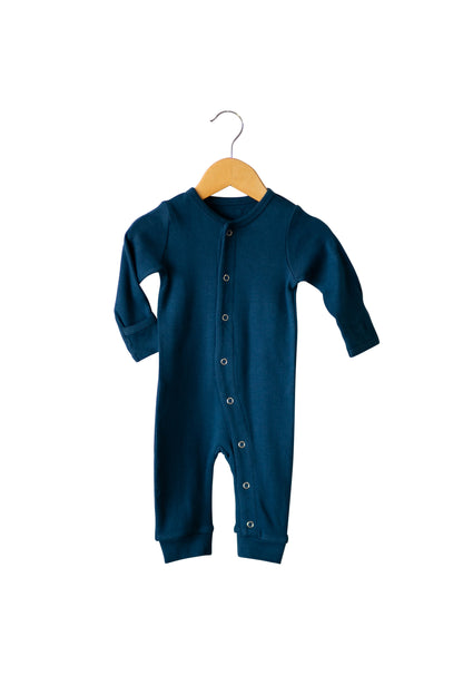 Sailor Blue Organic Baby Button Coverall — product photograph.