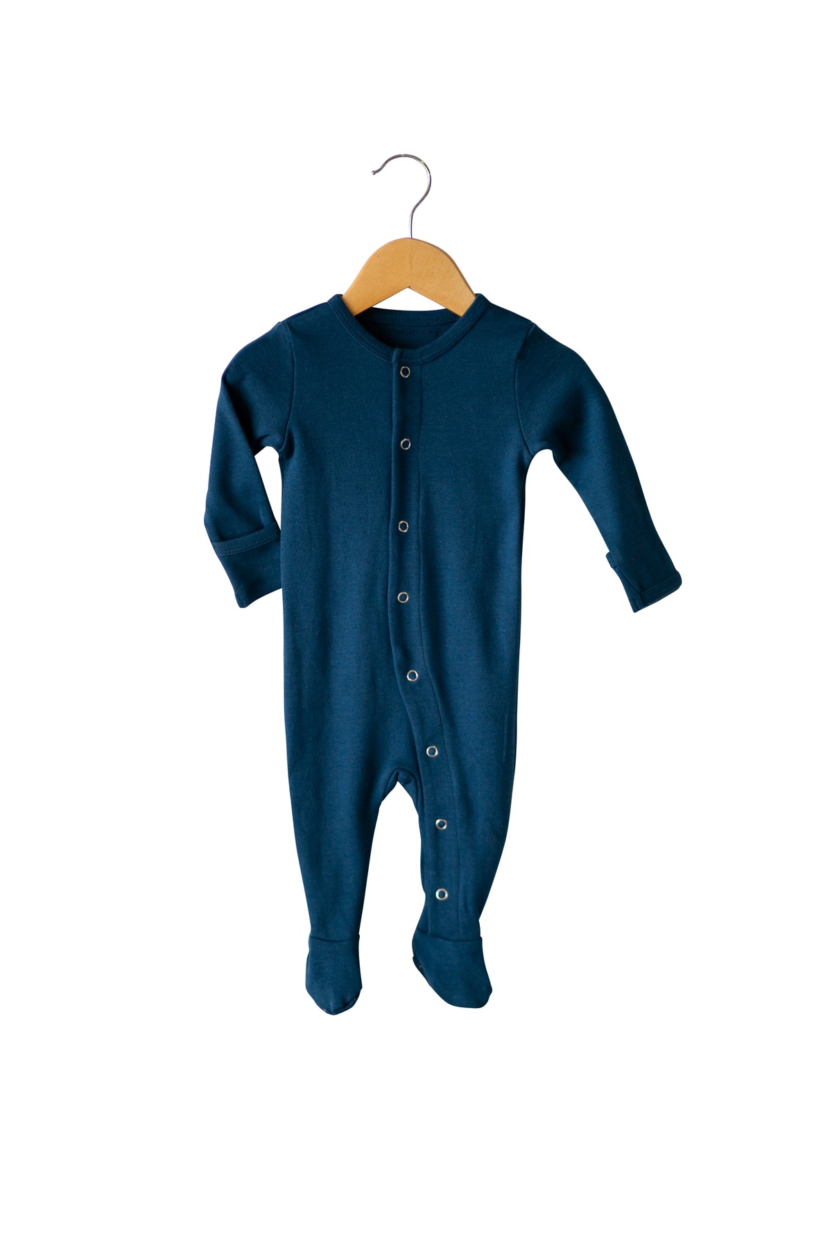 Sailor Blue Organic Baby Button Footie — product photograph.