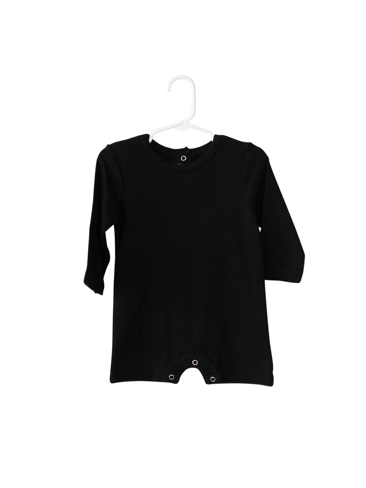 Black Organic Baby Long Sleeve Romper — product photograph.