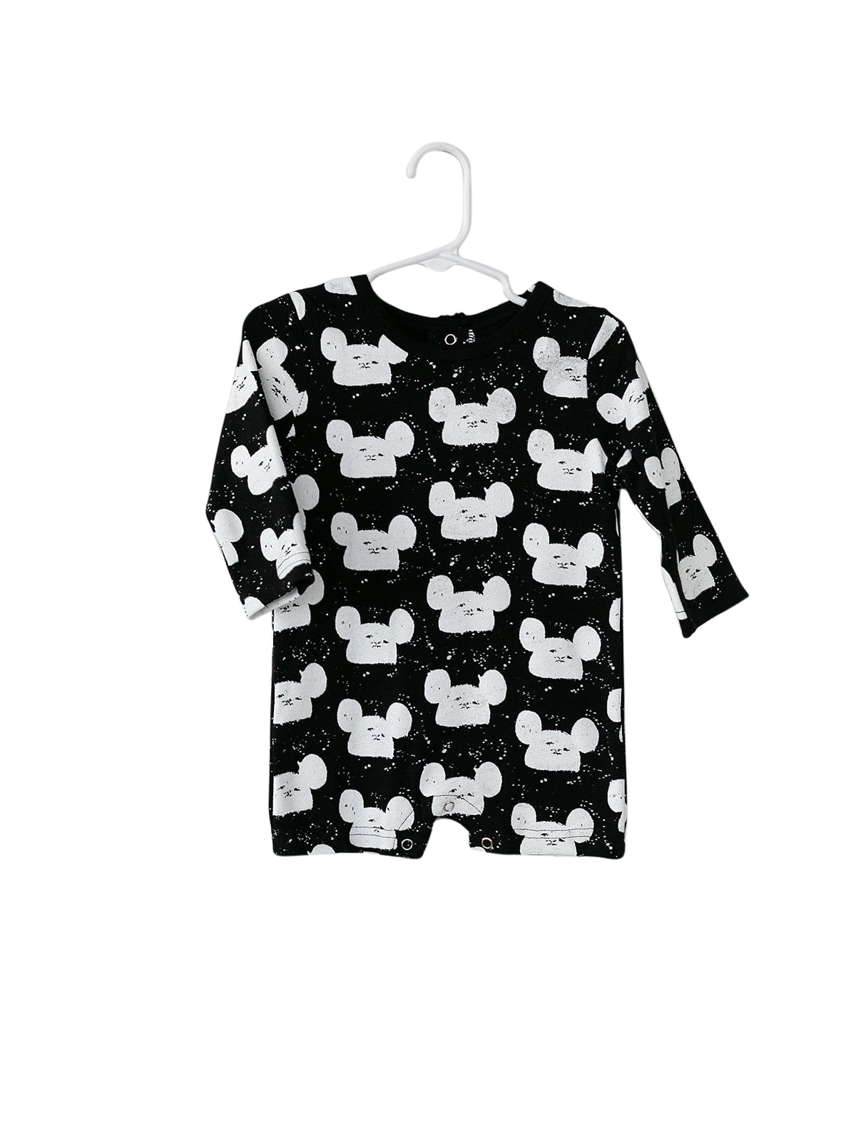 White on Black Modern Mouse Organic Baby Long Sleeve Romper — product photograph.