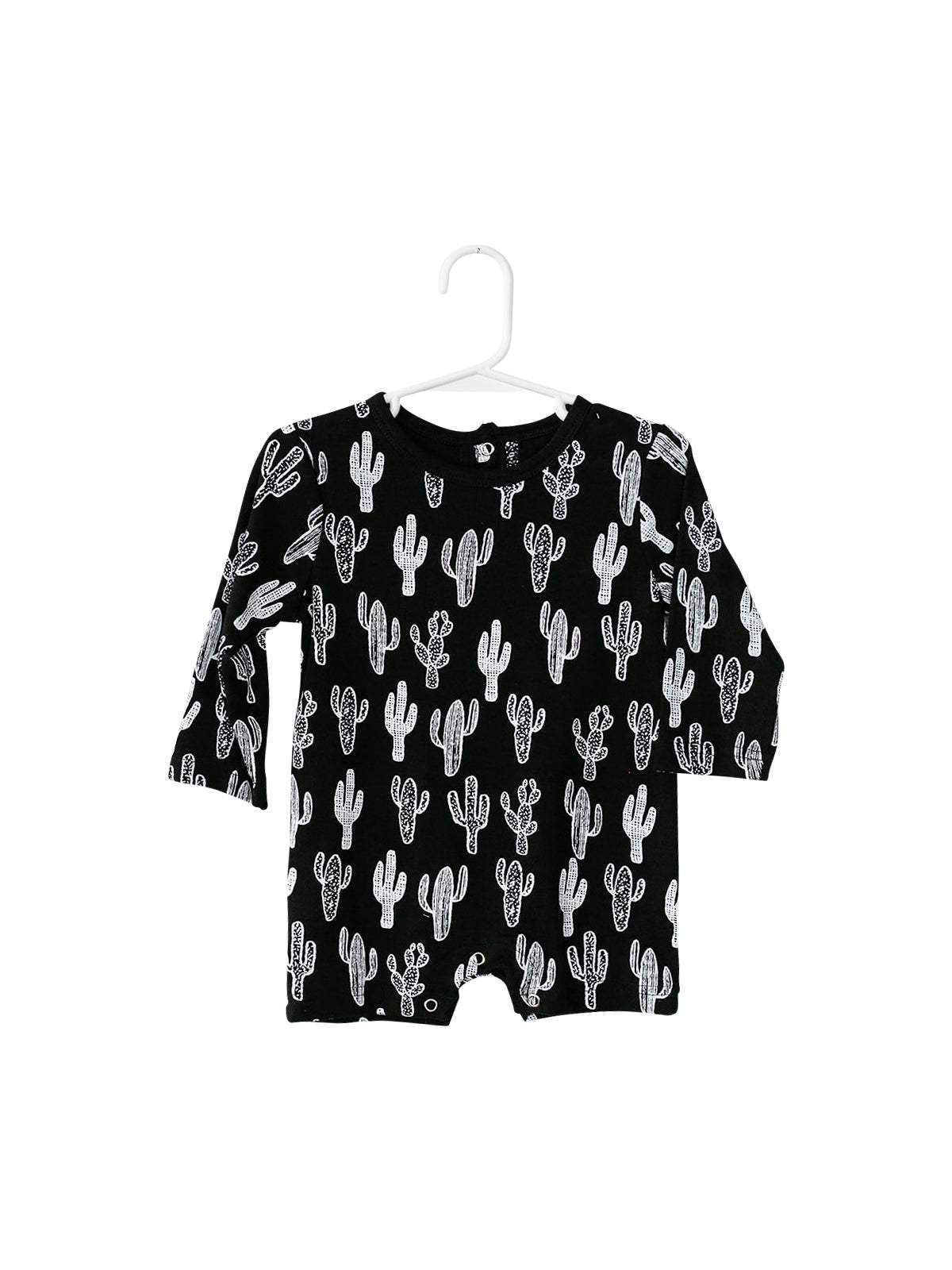 White on Black Cactus Organic Baby Long Sleeve Romper — product photograph.
