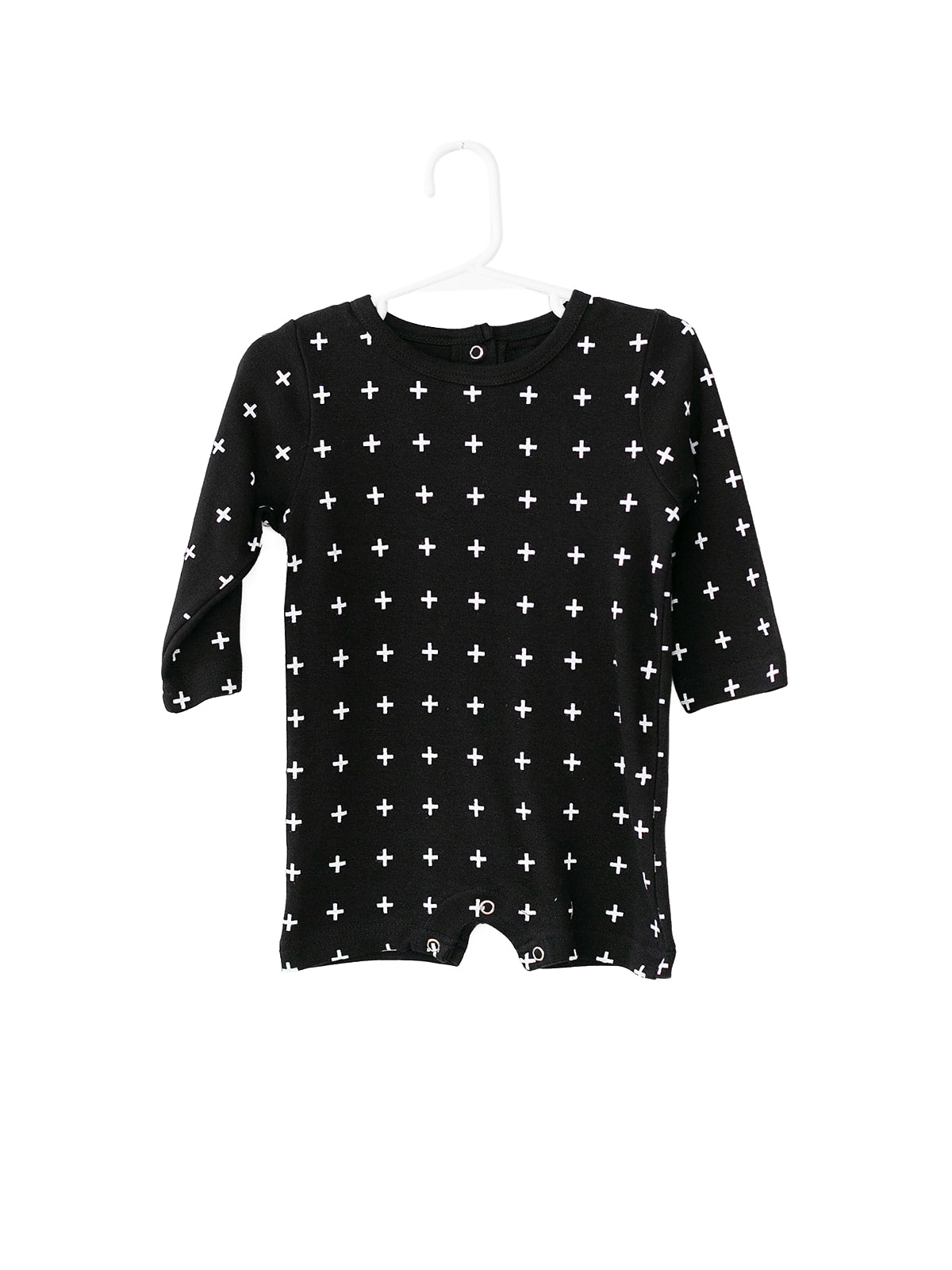 White on Black Swiss Cross Organic Baby Long Sleeve Romper — product photograph.