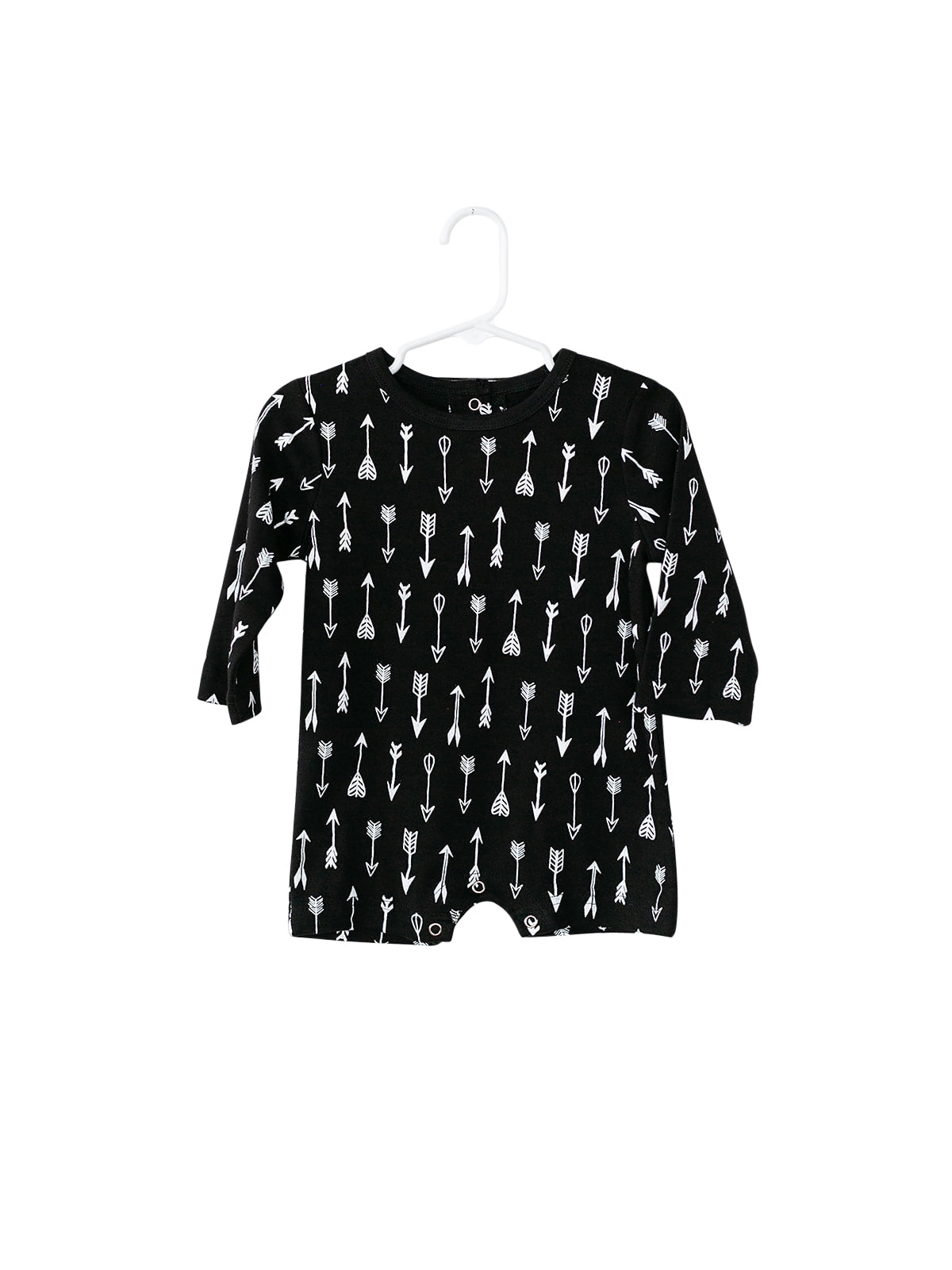 White on Black Arrows Organic Baby Long Sleeve Romper — product photograph.