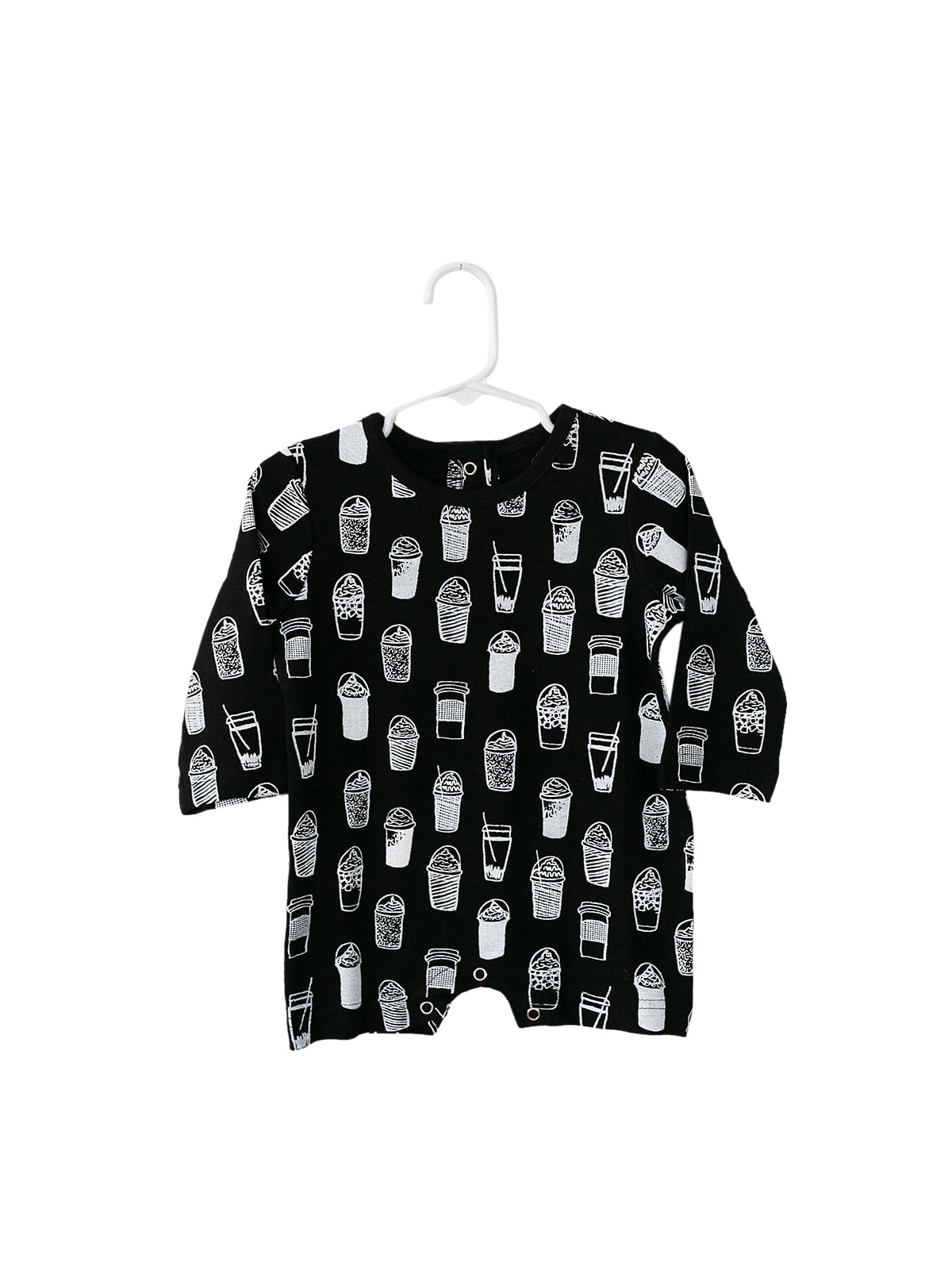White on Black Coffee Love Organic Baby Long Sleeve Romper — product photograph.