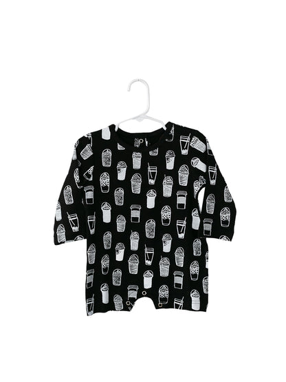 White on Black Coffee Love Organic Baby Long Sleeve Romper — product photograph.