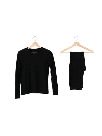 Organic Baby + Kids Pajama Set | Black — Pajama top and matching pants on hangers