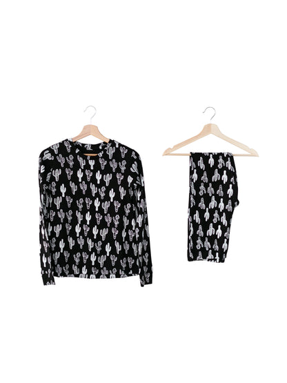 FINAL SALE - Women's Pajama Set in Organic Cotton -  WHITE ON BLACK CACTUS©, product image 3