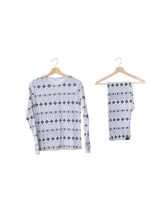 Organic Baby + Kids Pajama Set | Black on White Nordic Winter — Printed pajama top and matching pants on hangers