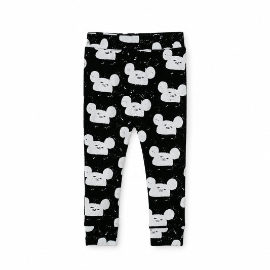 Modern Burlap organic Cozy Pants in White on Black Modern Mouse, full studio view on white