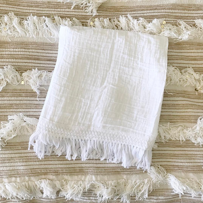 White Fringe Organic Swaddle | GOTS Certified Organic Cotton Muslin