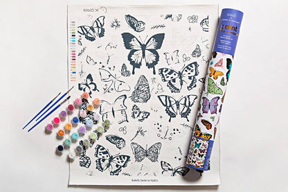 Butterfly Garden paint-by-numbers kit with butterfly canvas, paints, brushes and storage tube.