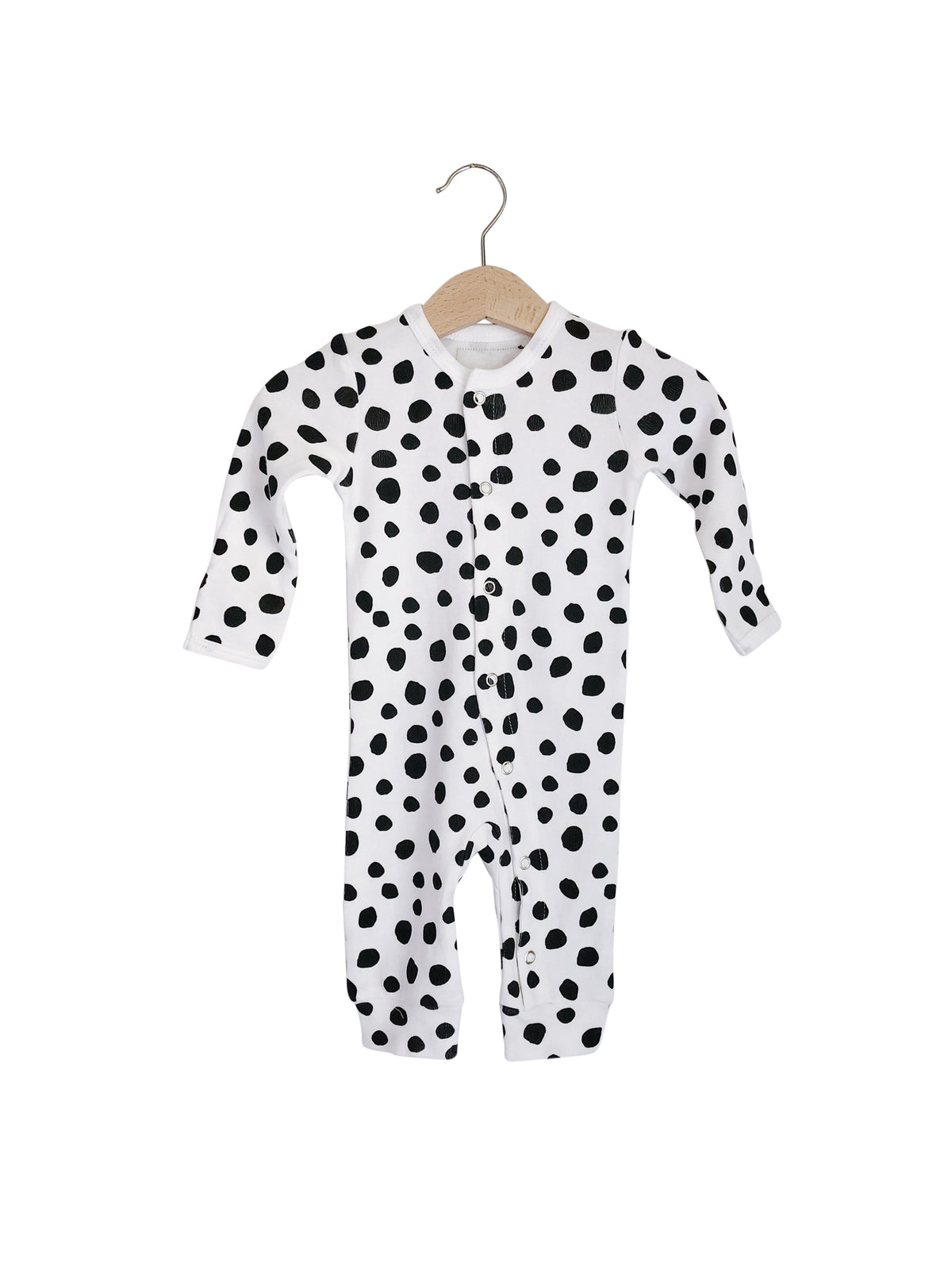B+W Spots © Organic Baby Button Coverall — product photograph.