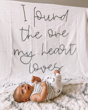 
                  
                    Load image into Gallery viewer, Organic Swaddle + Wall Art - Song of Solomon 3:4 I found the one my heart loves
                  
                