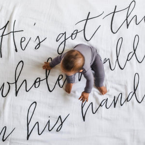 
                  
                    Load image into Gallery viewer, Organic Swaddle + Wall Art -  He&amp;#39;s got the whole world in his hands
                  
                