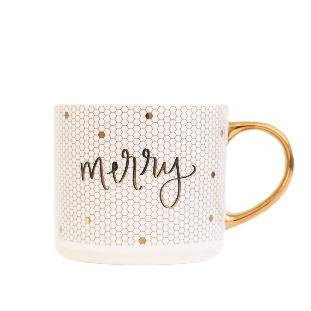 Sweet Water Decor - Merry - Gold, White Tile Hand Lettered Coffee Mug - 17 oz